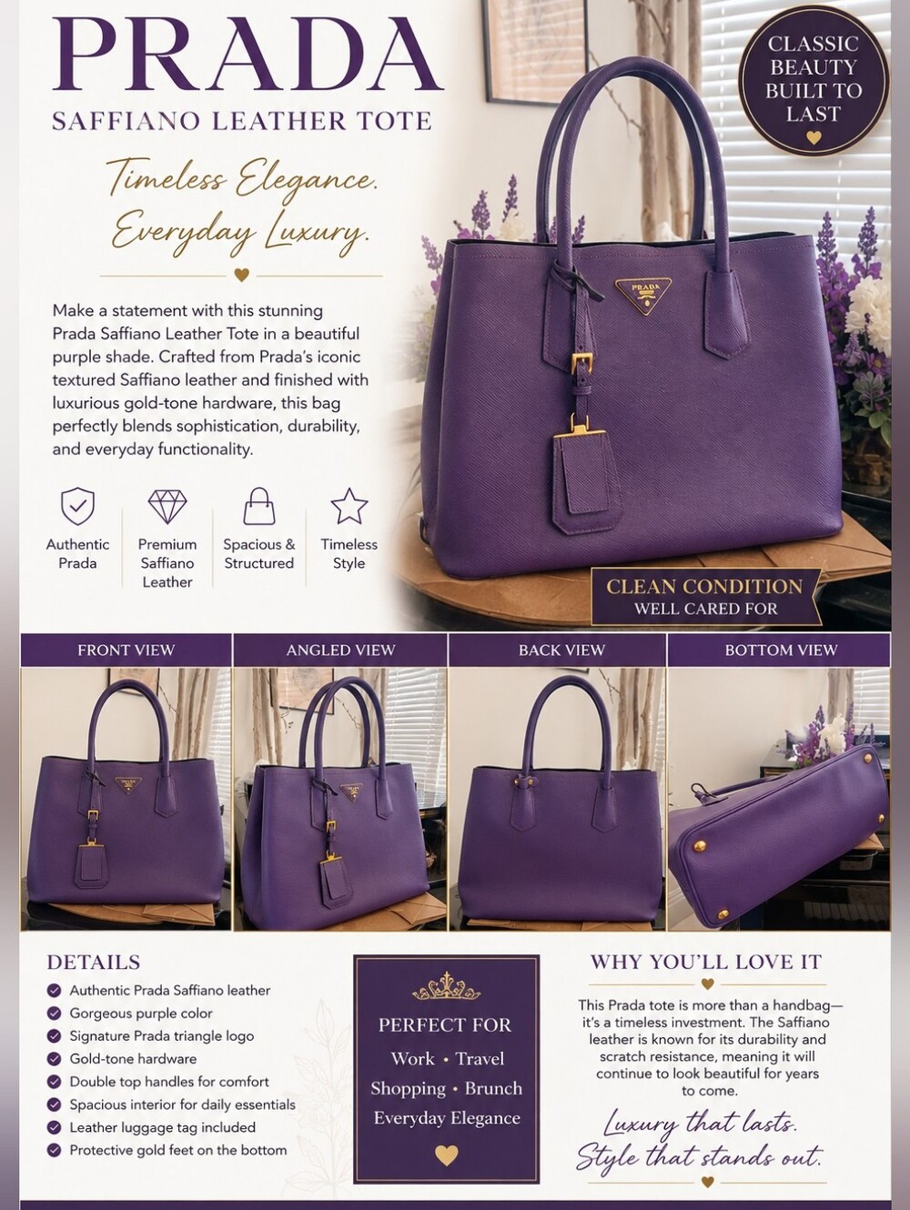 Prada Purple Saffiano Leather Tote with Gold-Tone Hardware